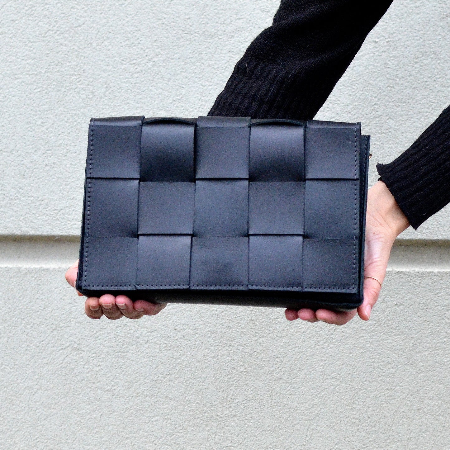 Woven Clutch + Crossbody Bag - Black Leather