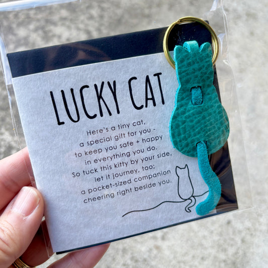 Lucky Cat Card + Leather Cat Keychain Gift Set | Cat Lover Gift
