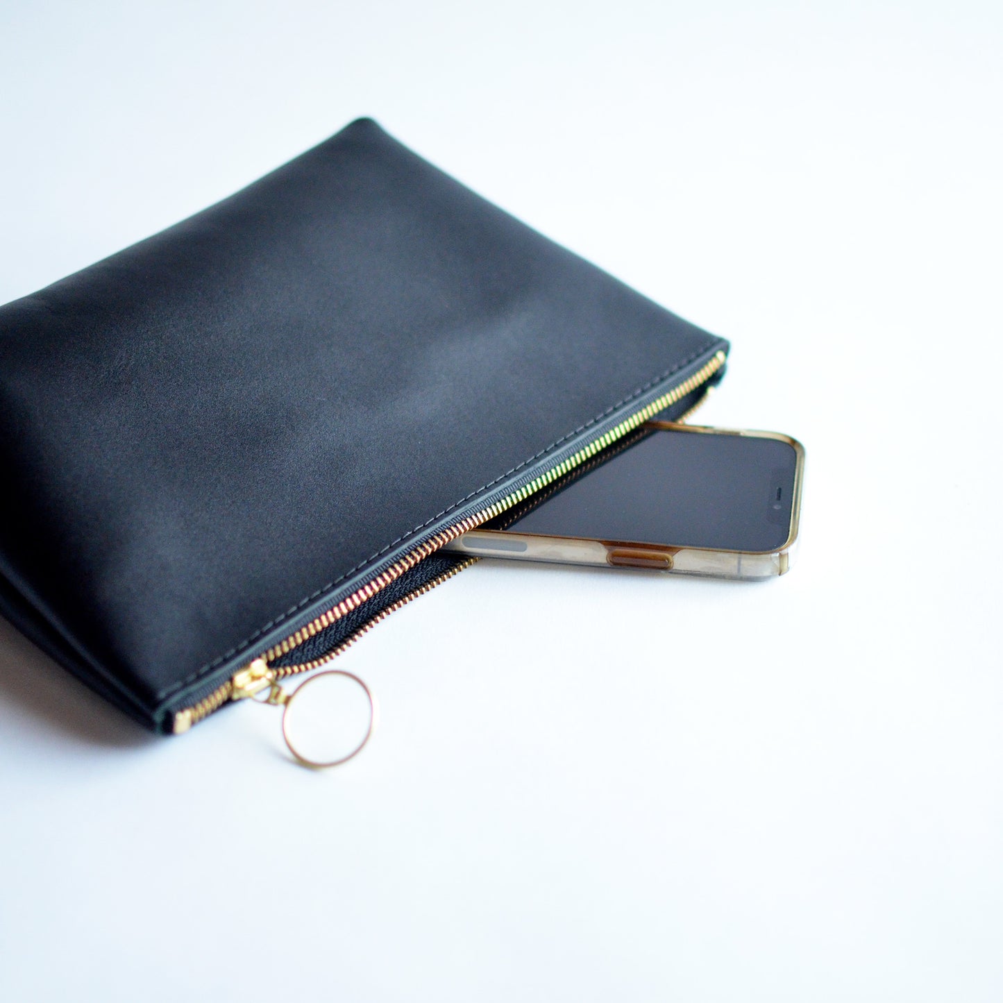 Wristlet Zipper Pouch - Black Leather