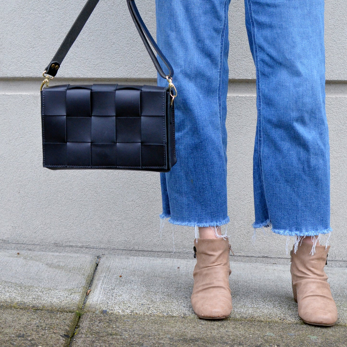 Woven Clutch + Crossbody Bag - Black Leather