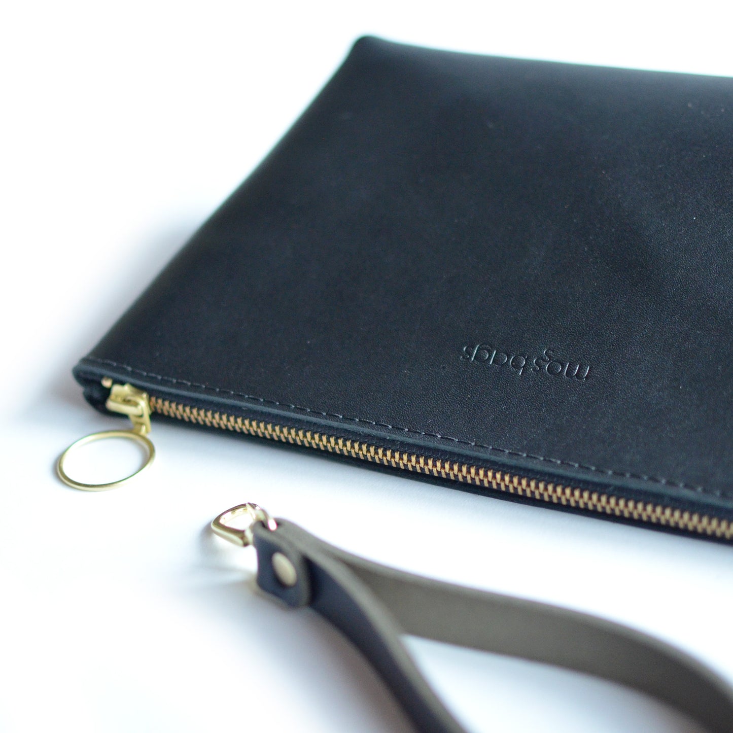 Wristlet Zipper Pouch - Black Leather