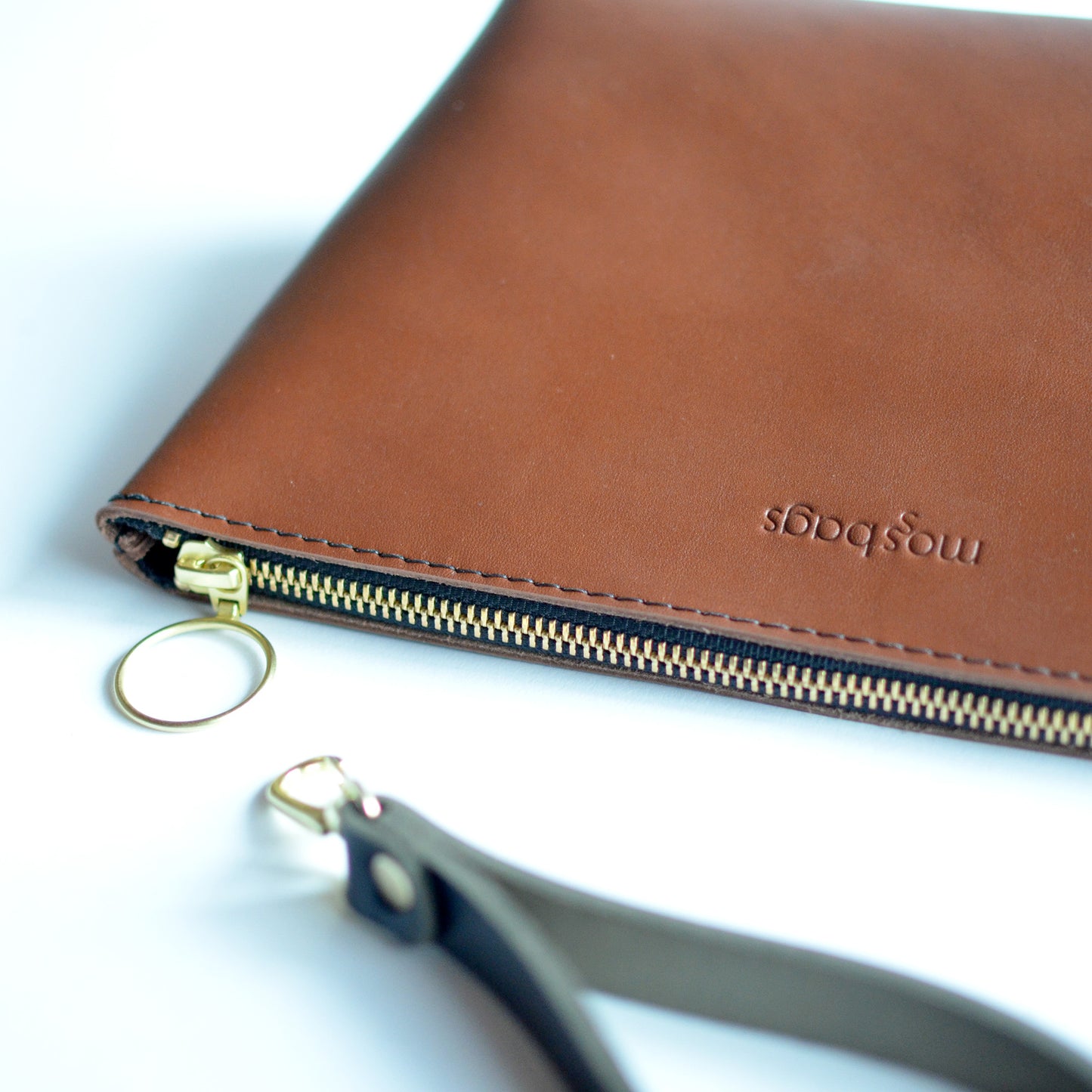 Wristlet Zipper Pouch - Brown Leather