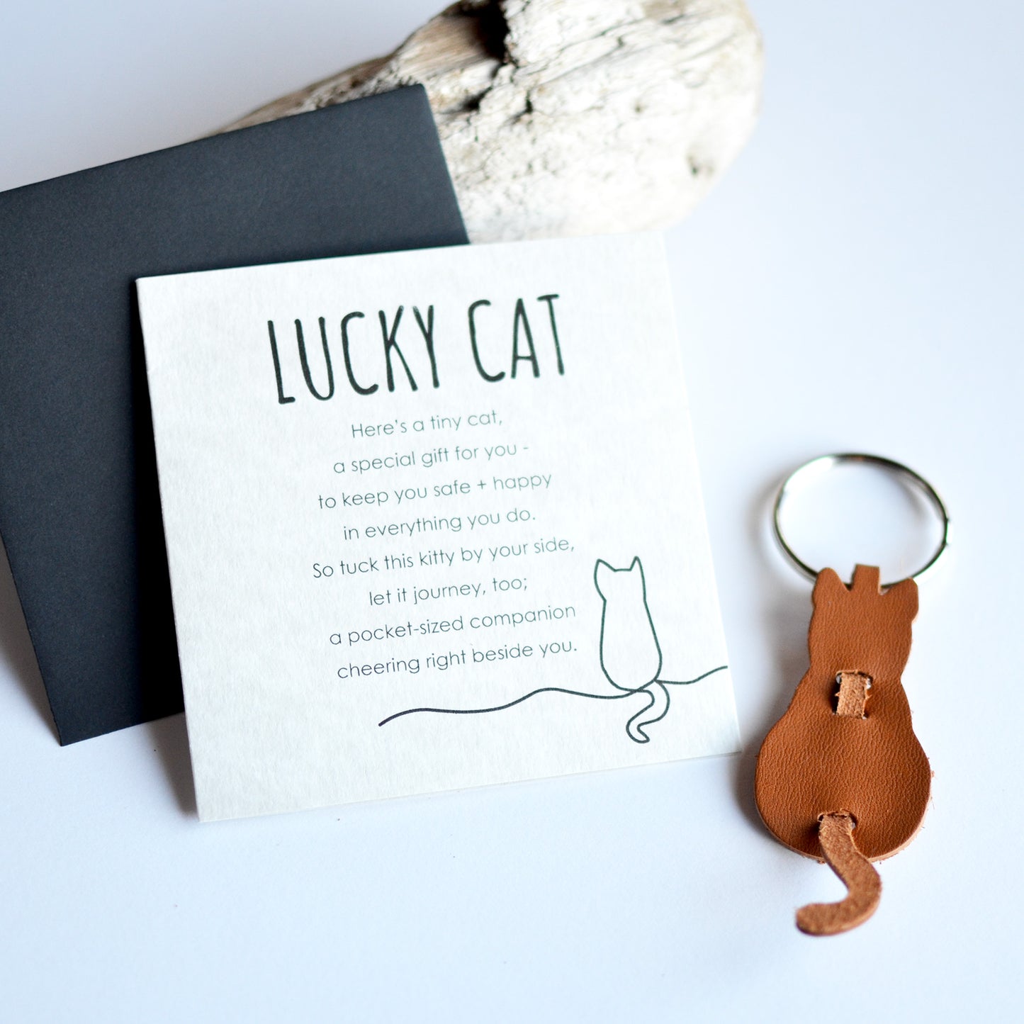 Lucky Cat Card + Leather Cat Keychain Gift Set | Cat Lover Gift