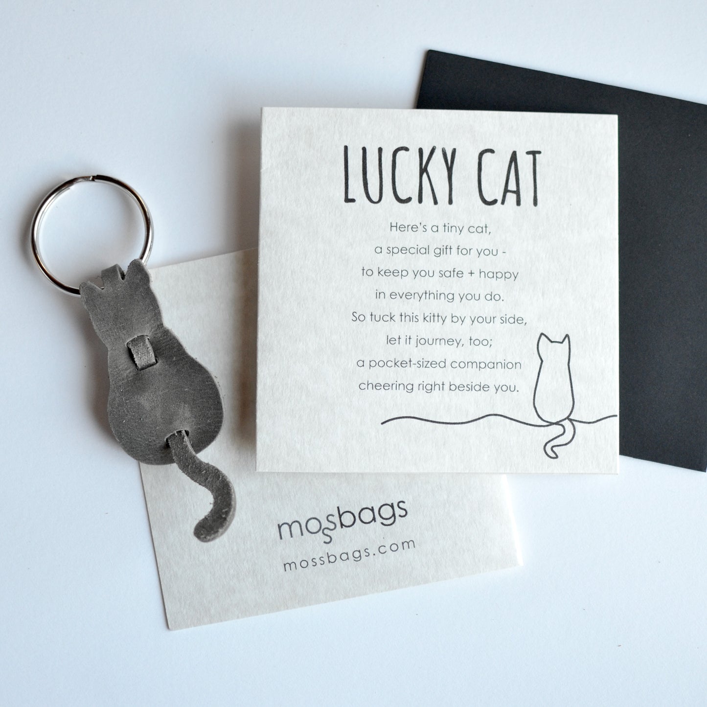 Lucky Cat Card + Leather Cat Keychain Gift Set | Cat Lover Gift