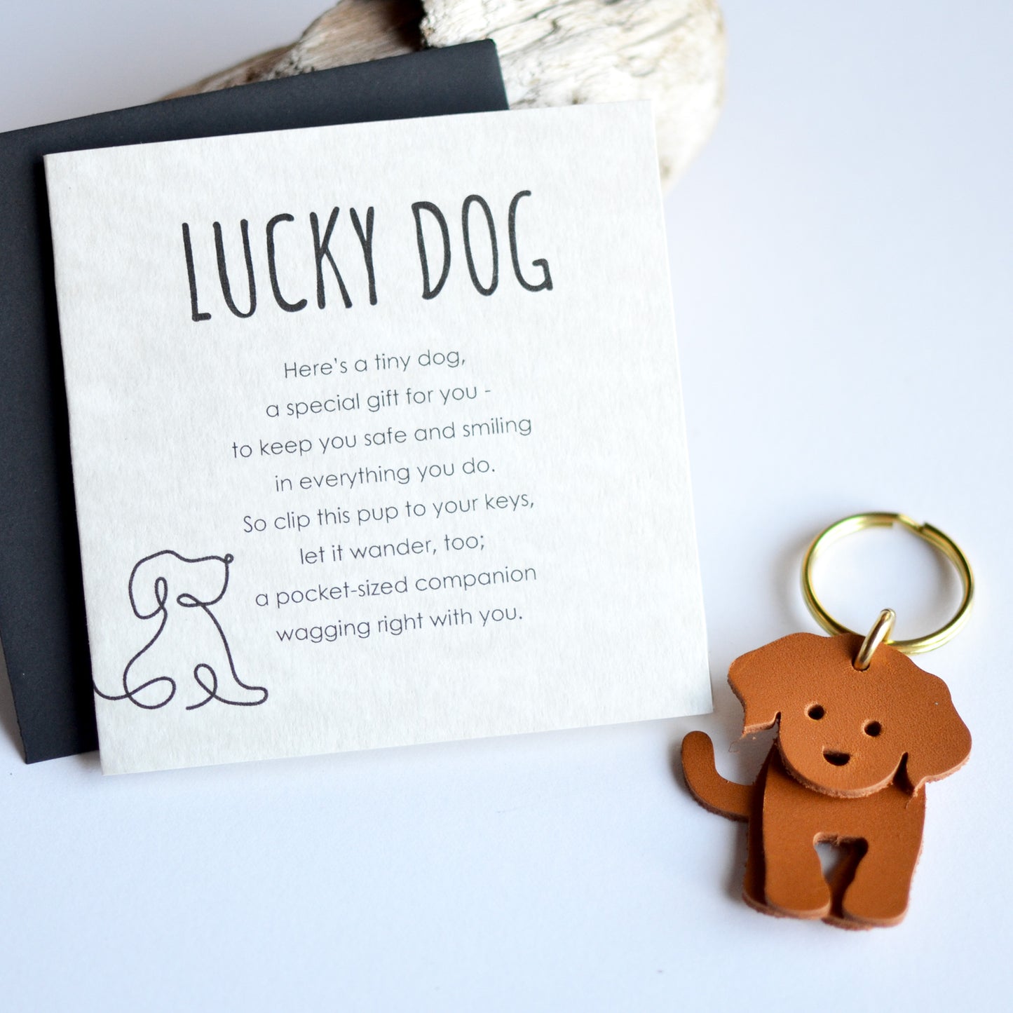 Lucky Dog Card + Leather Dog Keychain Gift Set