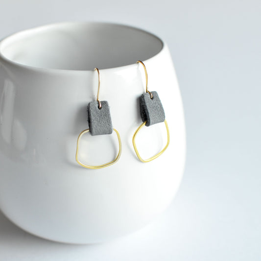 Organic Square Earrings + Leather: Gold + Silver