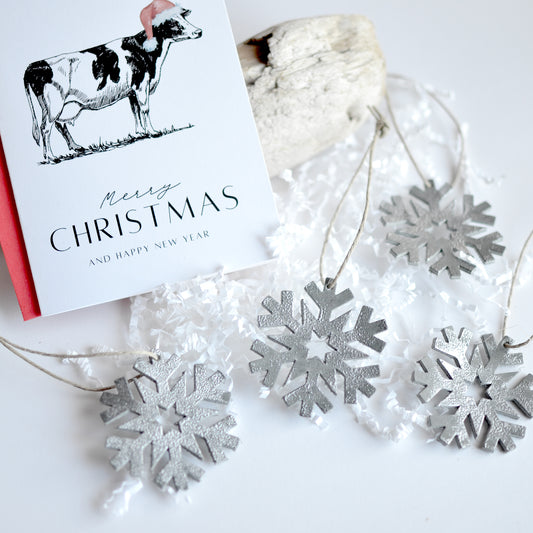 Leather Snowflake Ornament Box Set: 4 Leather Snowflake Ornaments + 1 Christmas Card