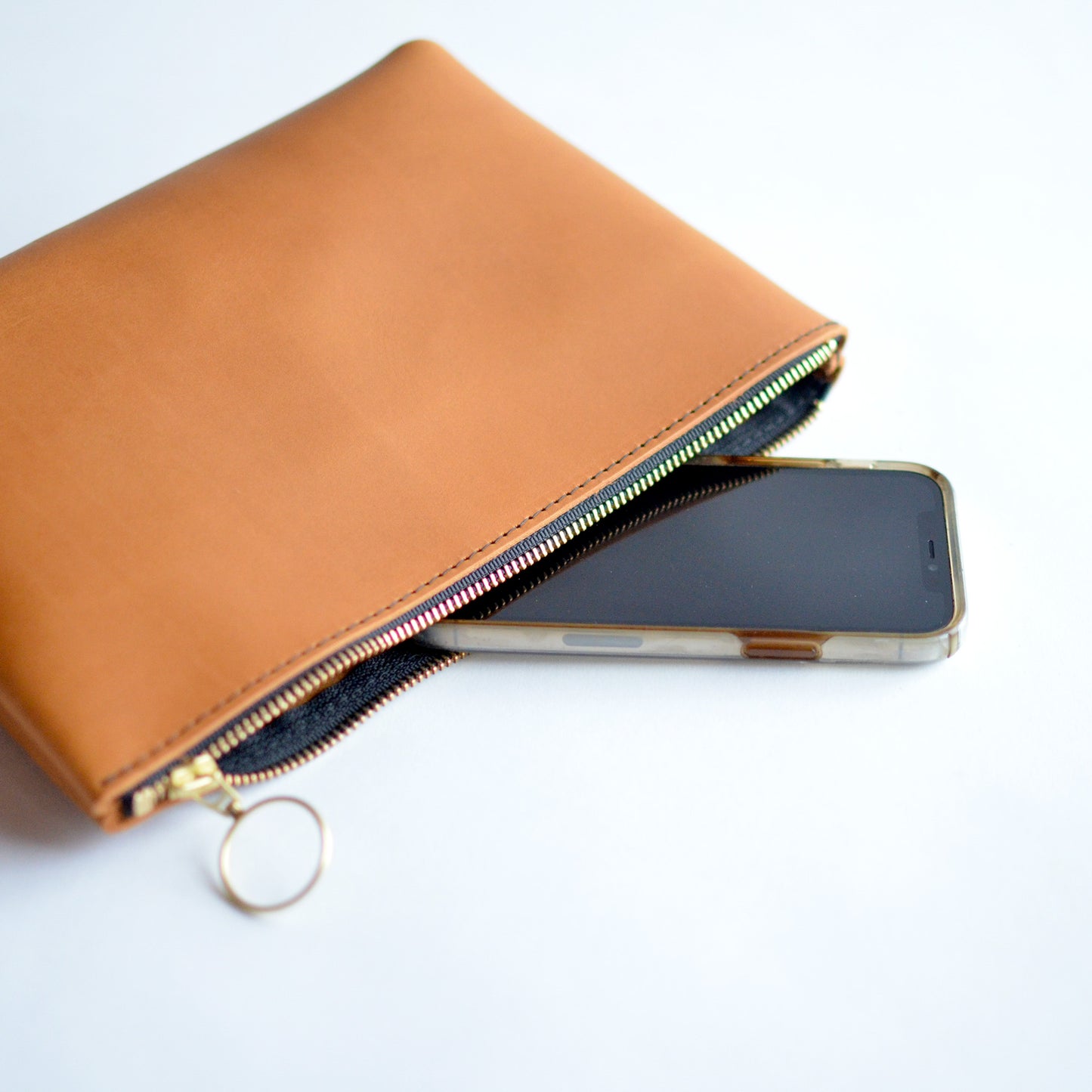 Wristlet Zipper Pouch - Honey Brown Leather