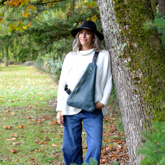 Triangle Sling Bag - Pebbled Navy Blue Slouchy Leather