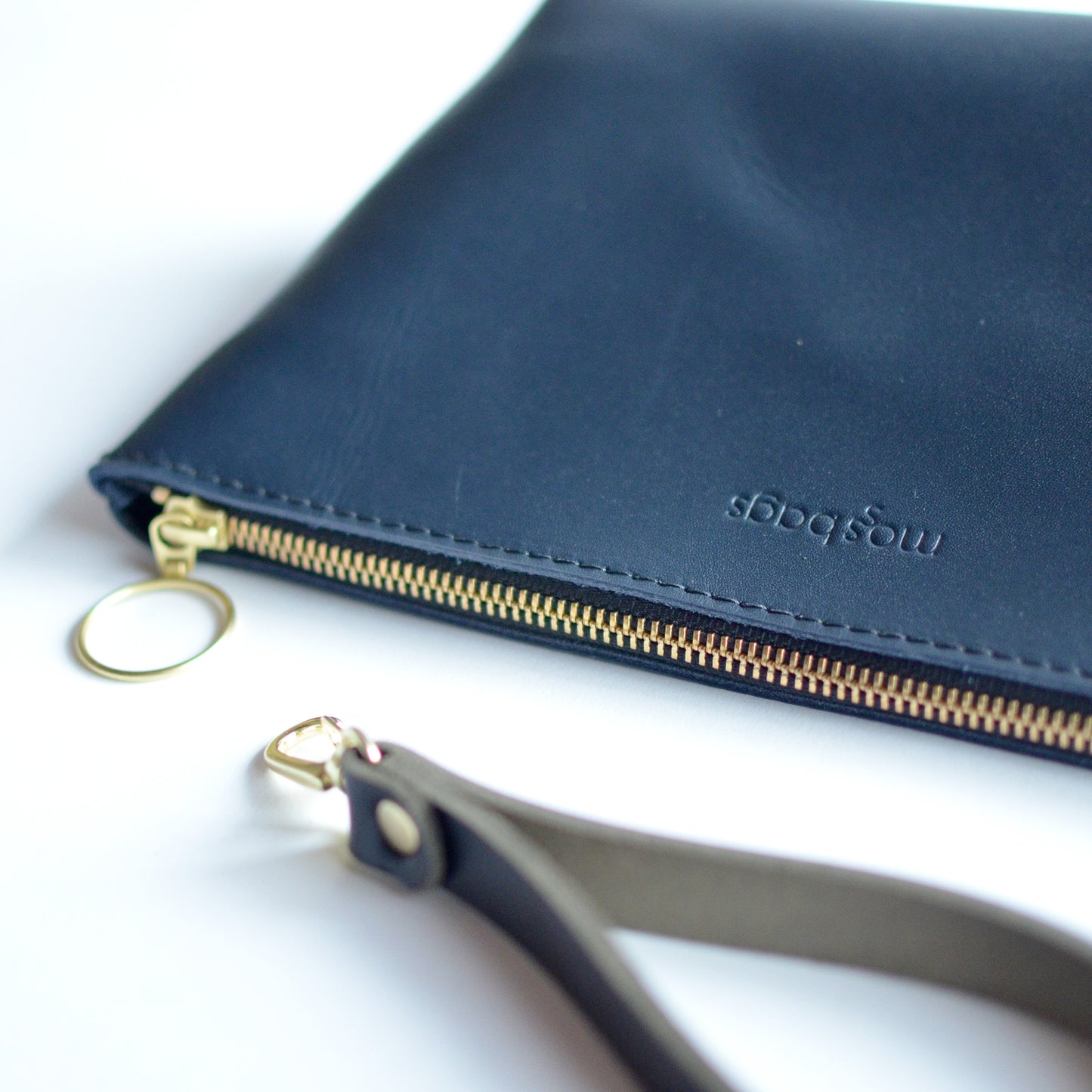 Wristlet Zipper Pouch - Navy Blue Leather