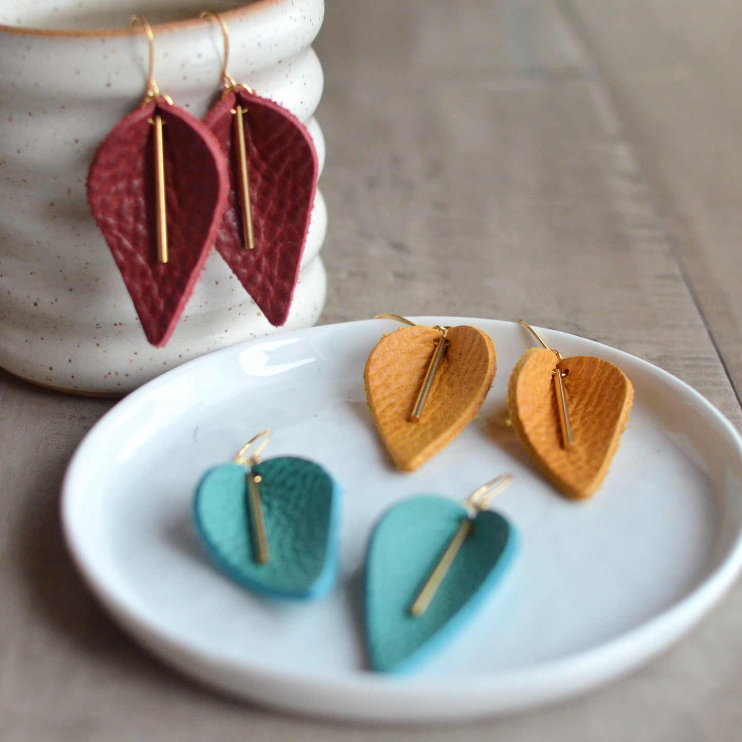 Leaf + Brass Leather Earrings