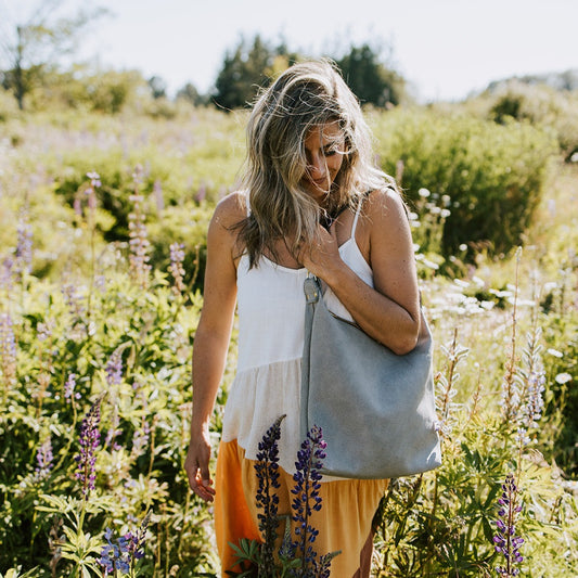Leather BUCKET Crossbody Bag - Grey Leather