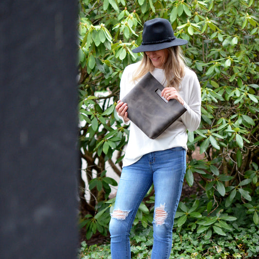 PENELOPE Cutout Handle Bag - Distressed Slate Leather