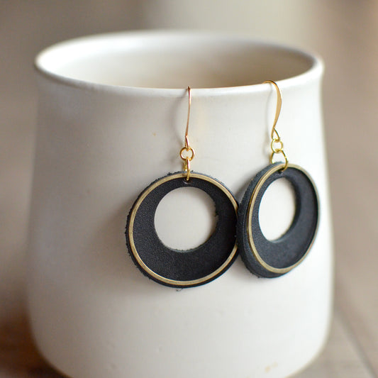 New Moon + Brass Leather Earrings
