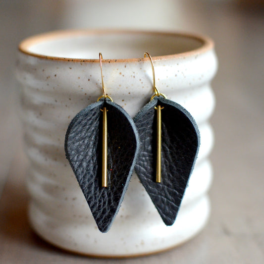 Leaf + Brass Leather Earrings
