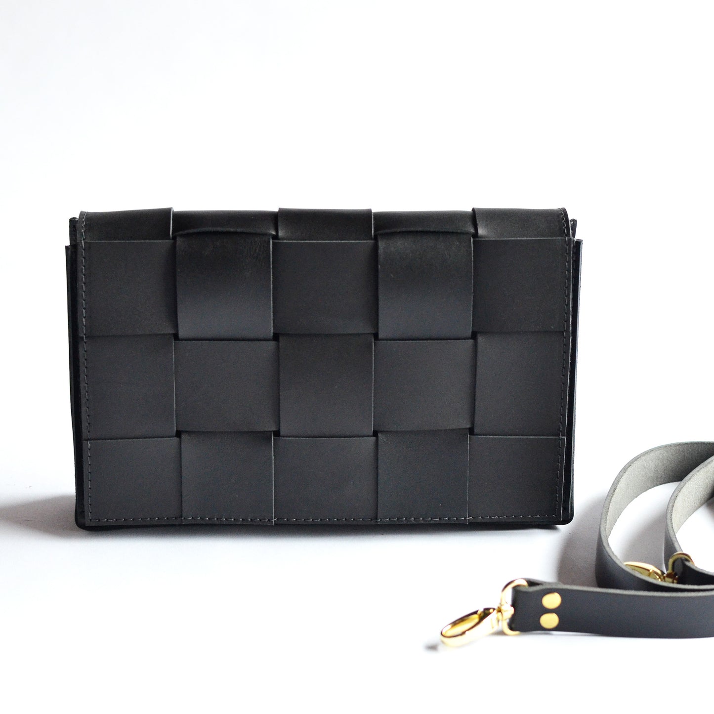 Woven Clutch + Crossbody Bag - Black Leather