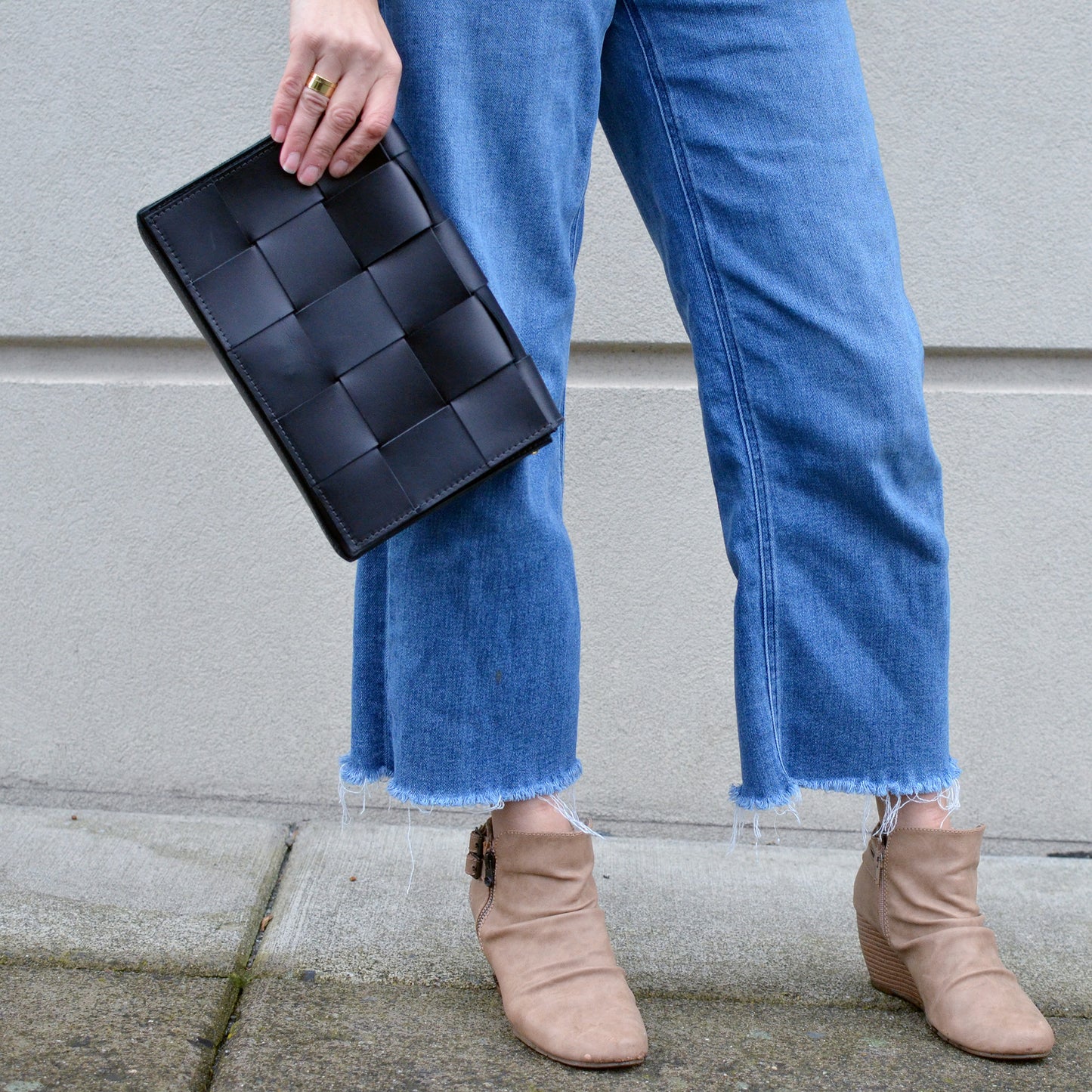 Woven Clutch + Crossbody Bag - Black Leather