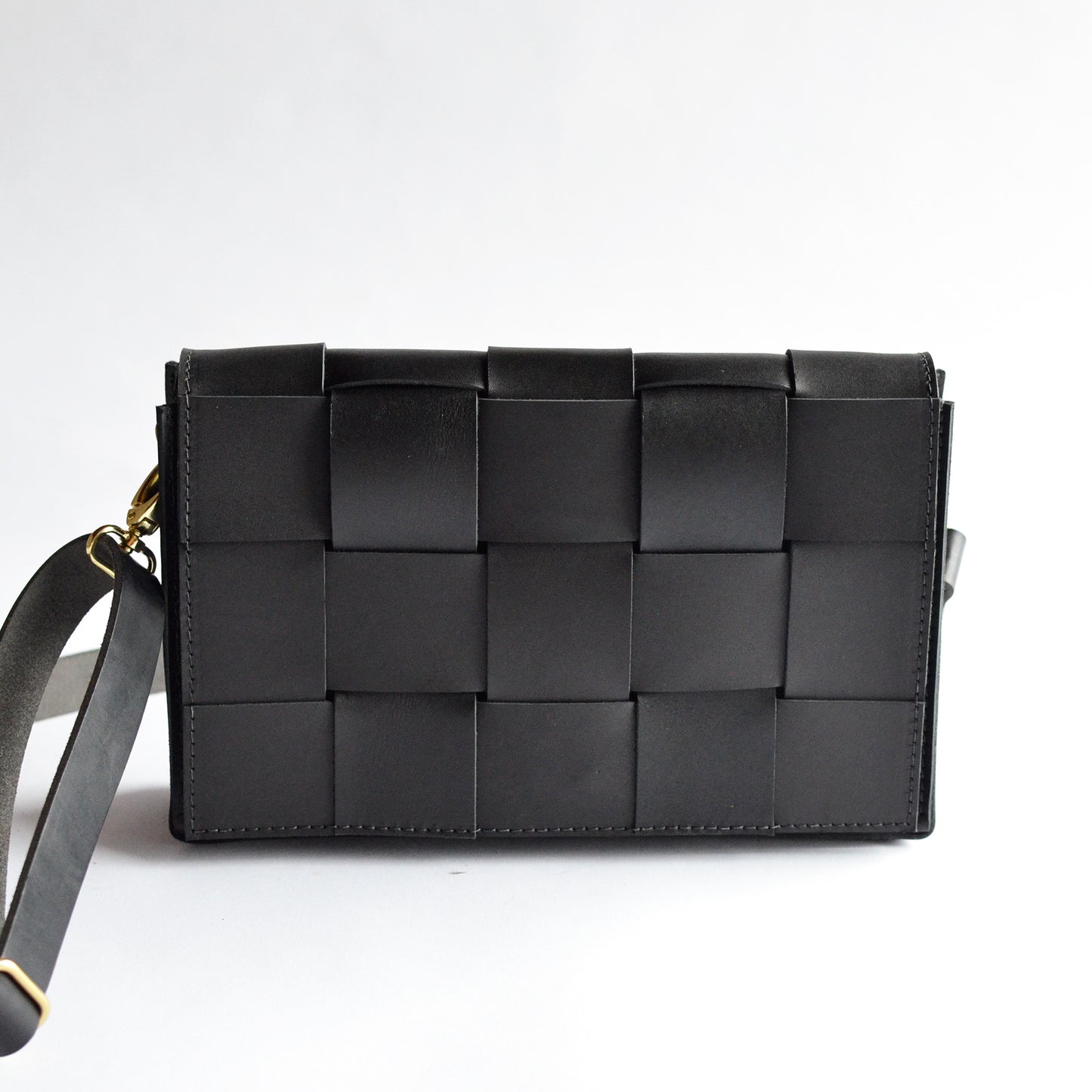 Woven Clutch + Crossbody Bag - Black Leather