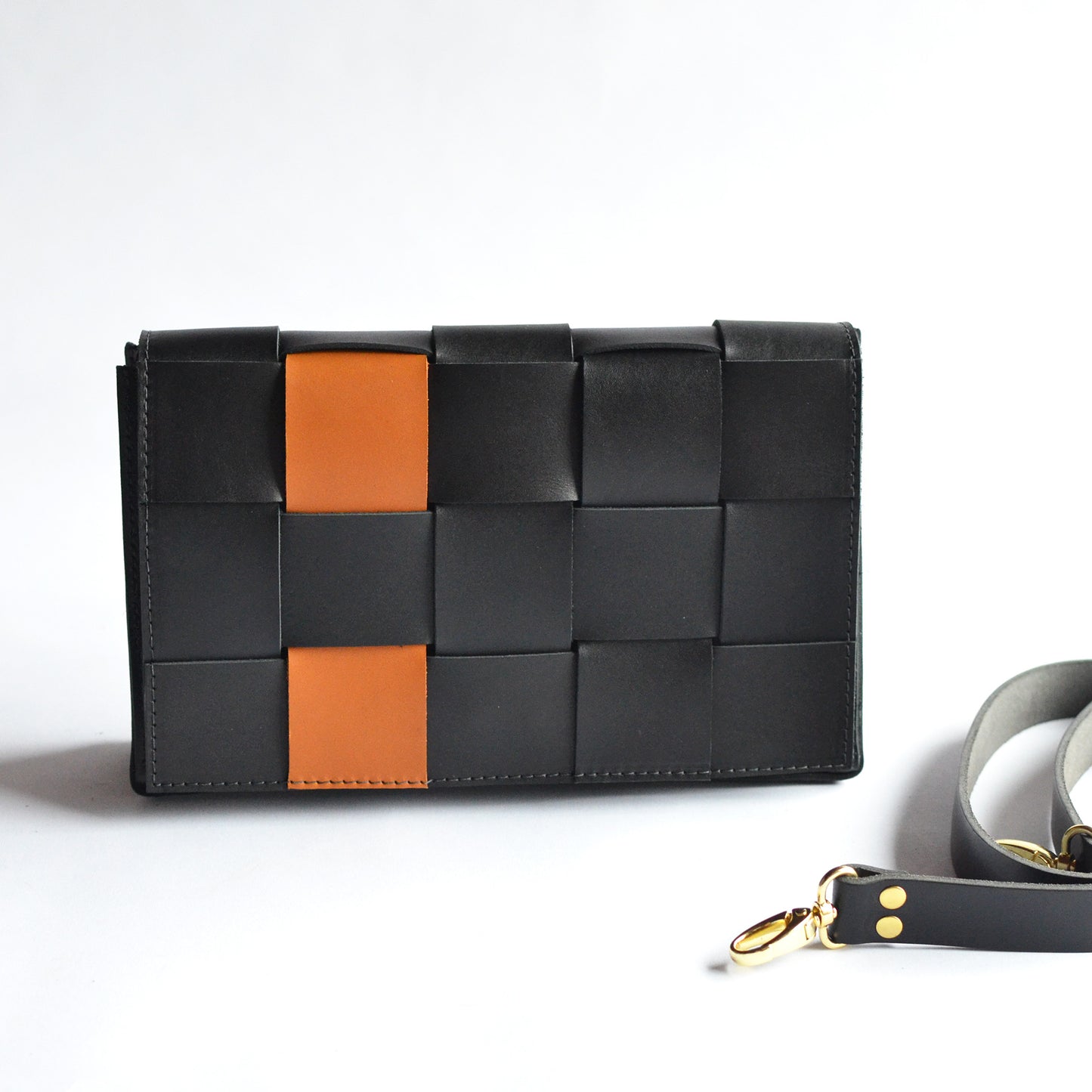 Woven Clutch + Crossbody Bag - Black Leather