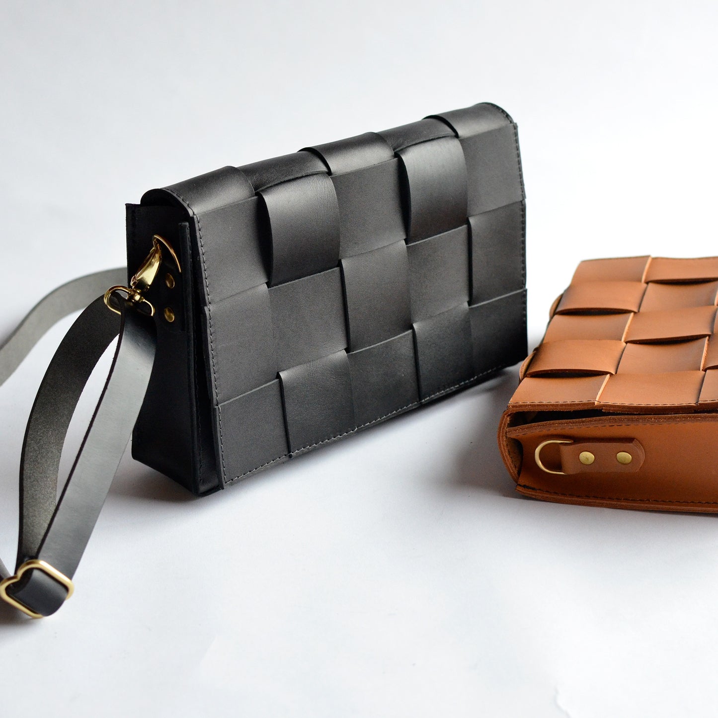 Woven Clutch + Crossbody Bag - Black Leather