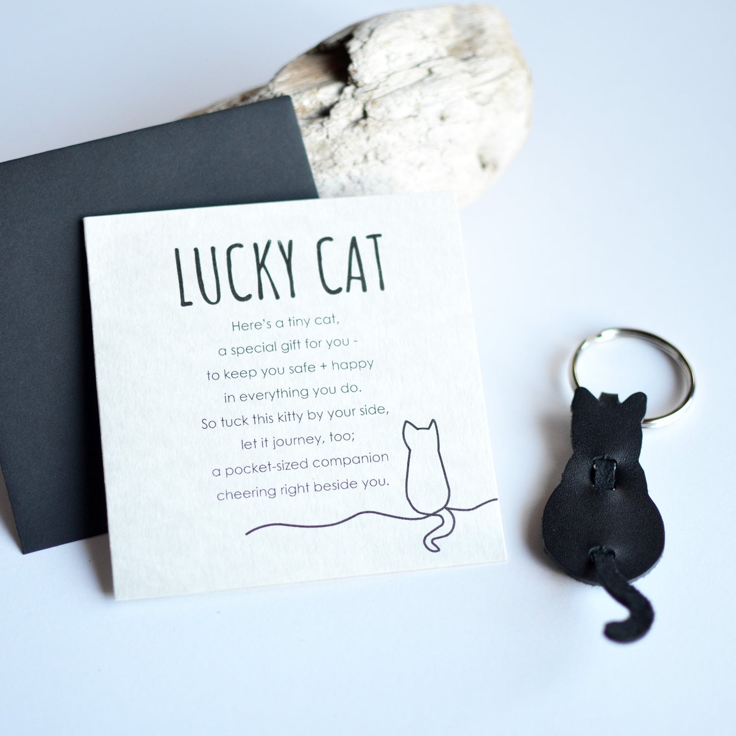Lucky Cat Card + Leather Cat Keychain Gift Set | Cat Lover Gift