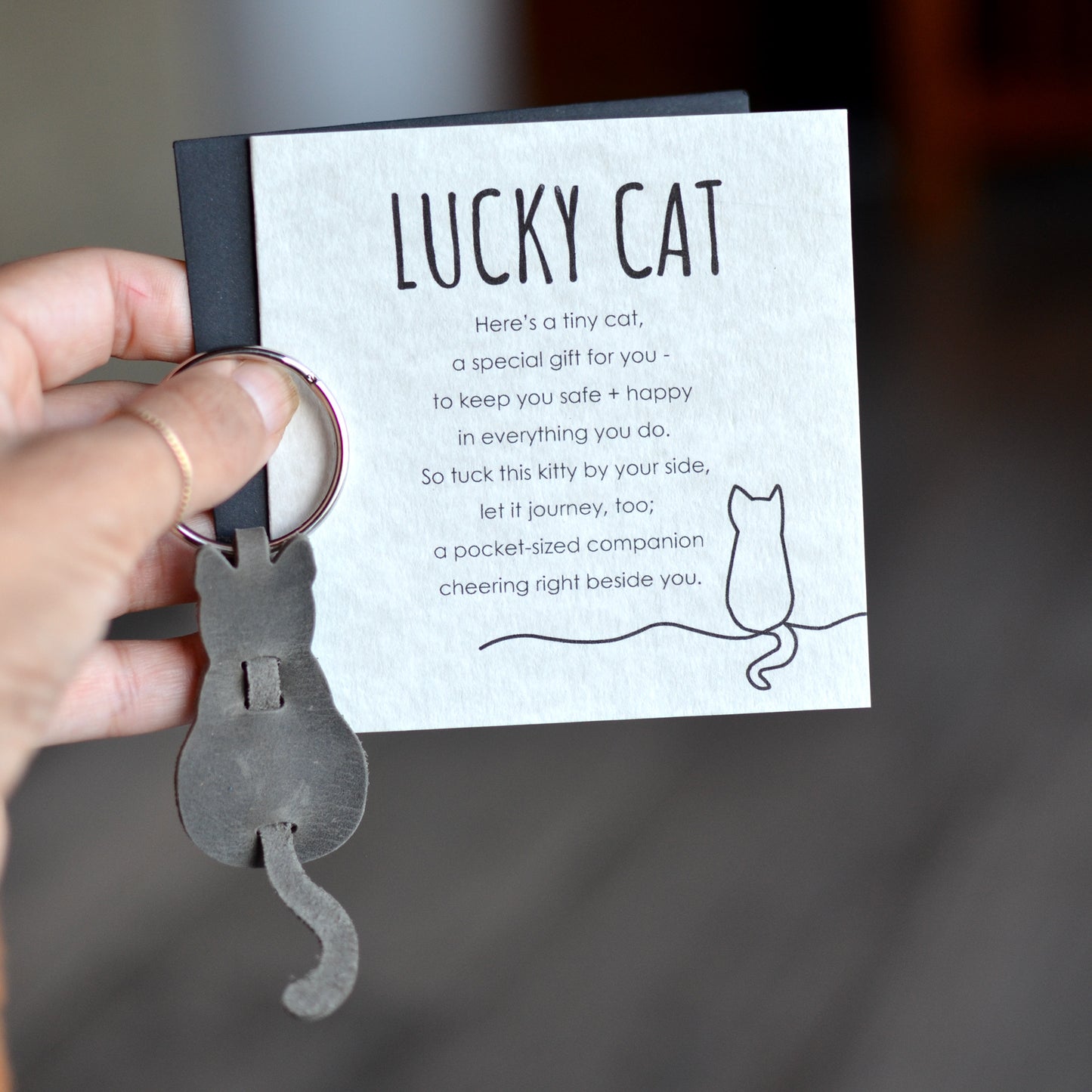 Lucky Cat Card + Leather Cat Keychain Gift Set | Cat Lover Gift