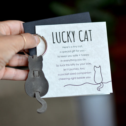 Lucky Cat Card + Leather Cat Keychain Gift Set | Cat Lover Gift