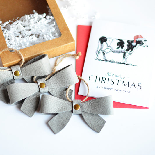 Leather Bow Ornament Box Set: 3 Leather Bows + 1 Christmas Card