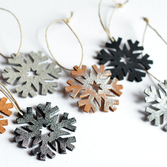 Leather Snowflake Ornament Box Set: 4 Leather Snowflake Ornaments + 1 Christmas Card