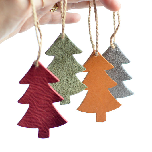 Leather Tree Ornament Box Set - 4 Leather Ornaments + 1 Christmas Card
