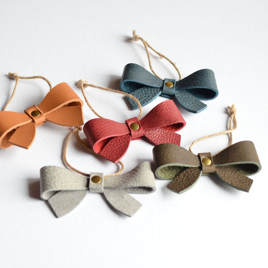 Leather Bow Ornament Box Set: 3 Leather Bows + 1 Christmas Card