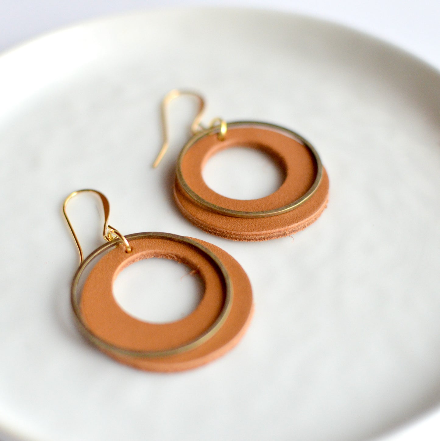 New Moon + Brass Leather Earrings