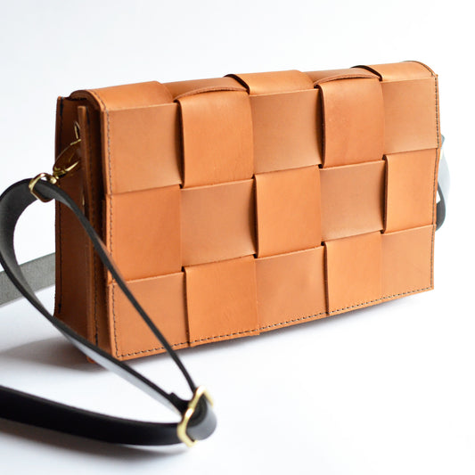 Woven Clutch + Crossbody Bag - Honey Leather
