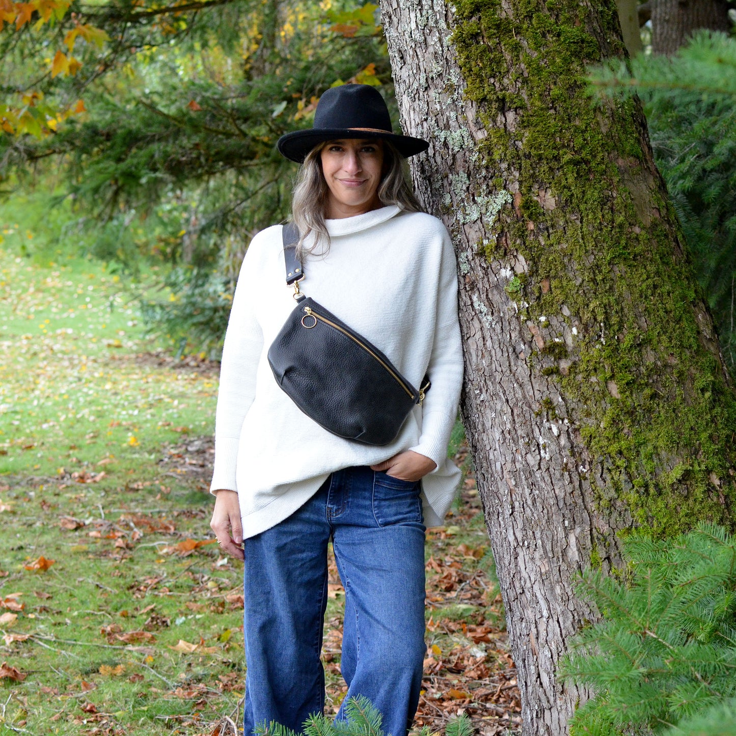 LOLA Sling Bag - Short Crossbody - Pebbled Black Leather