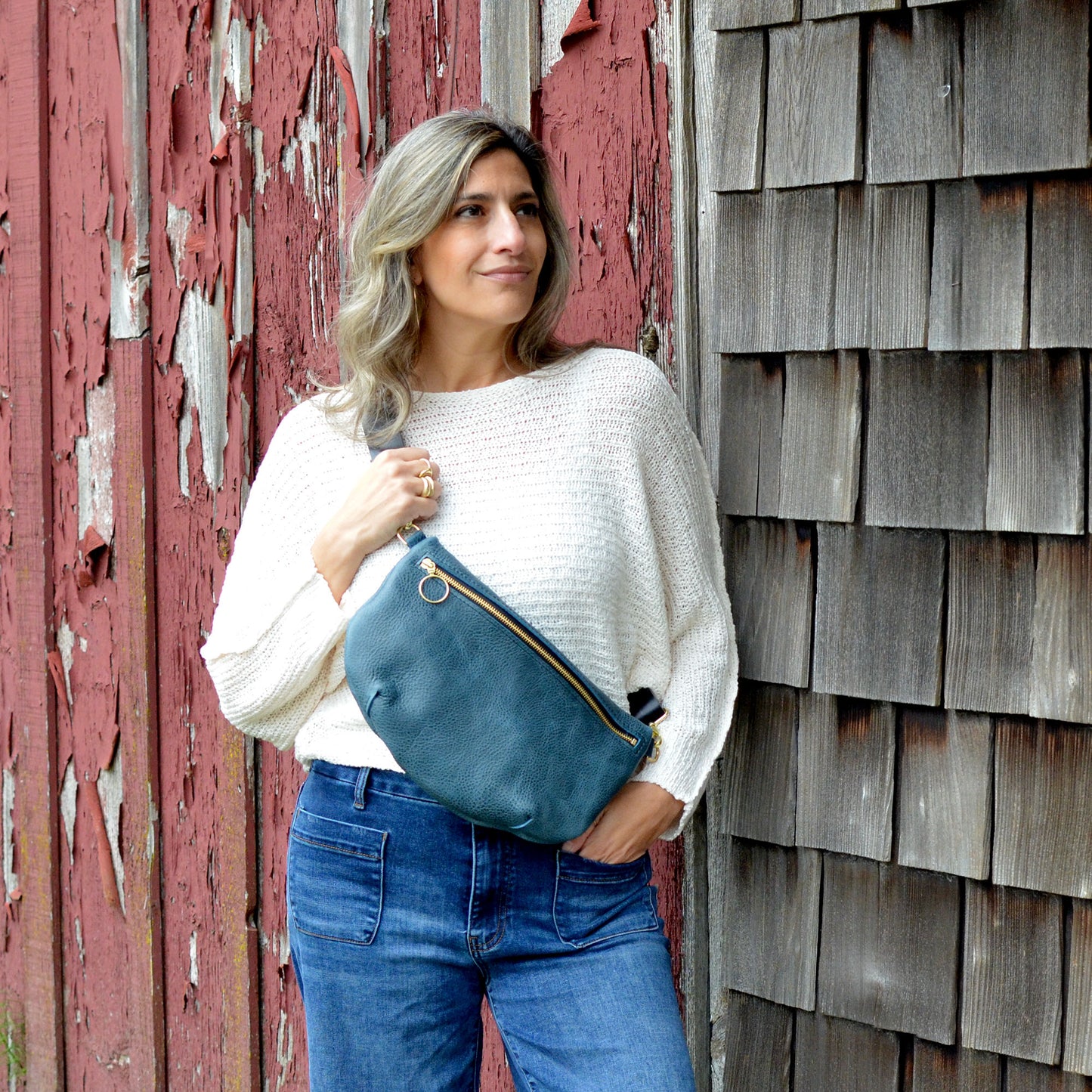 LOLA Sling Bag - Short Crossbody - Pebbled Navy Blue Leather