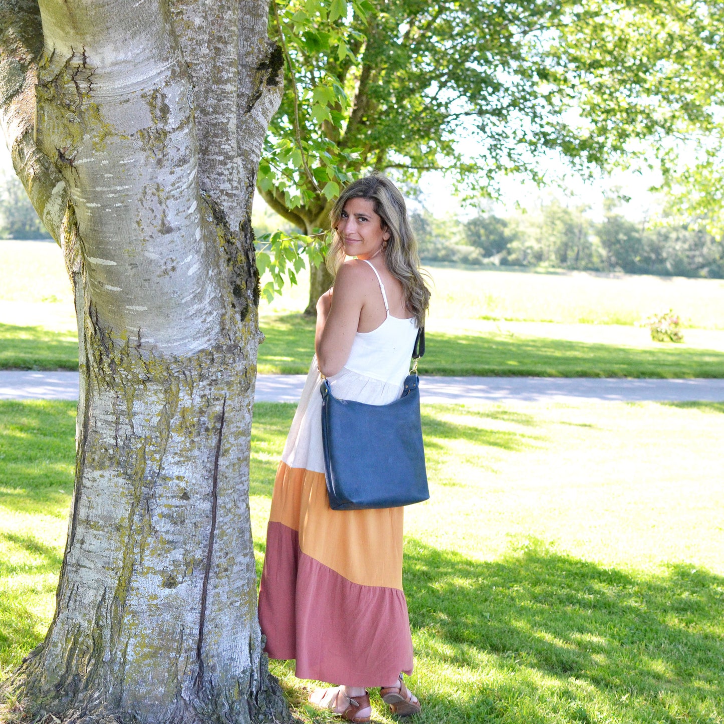 Leather BUCKET Crossbody Bag - Navy Blue Leather
