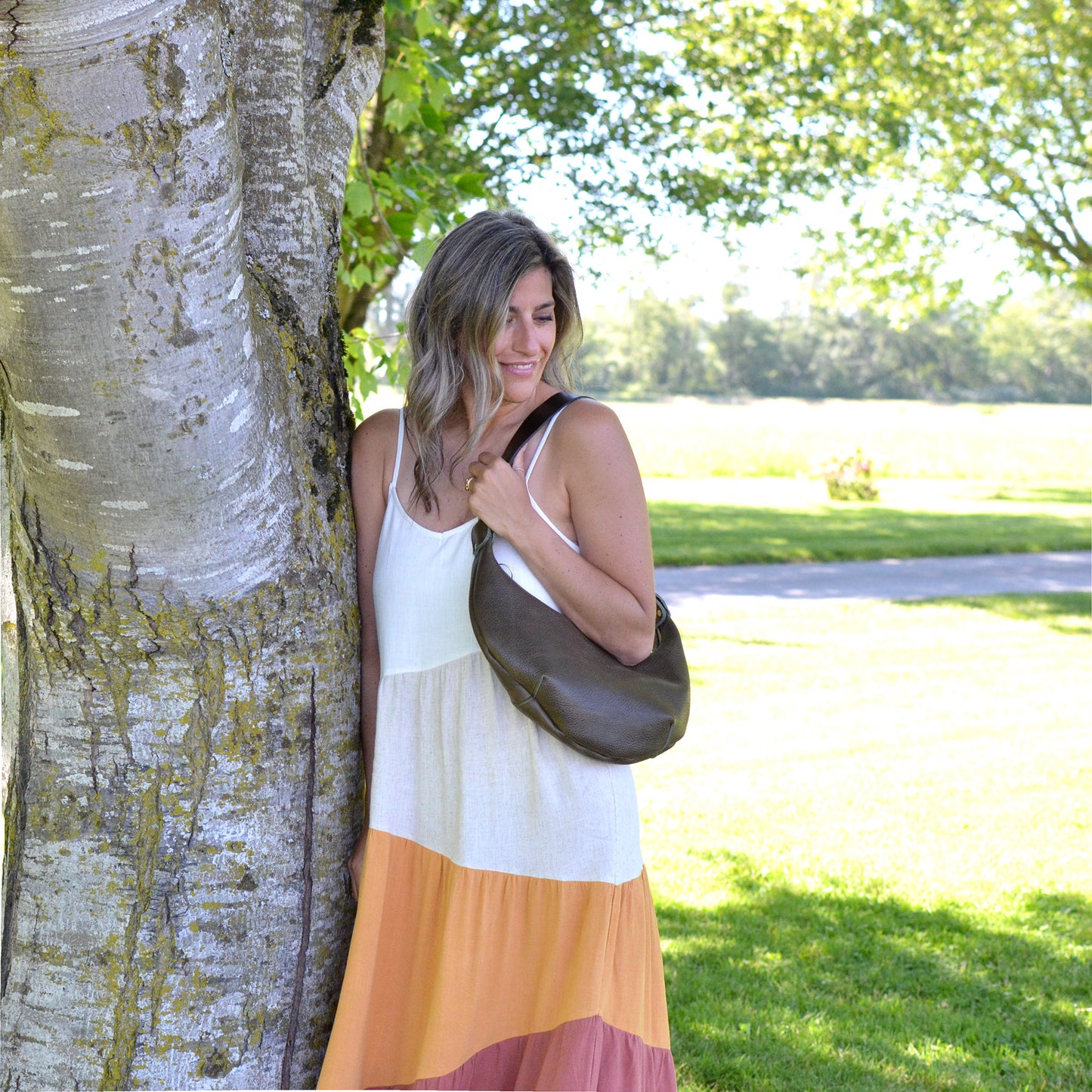 Leather HOBO Crossbody Bag - Grey Leather