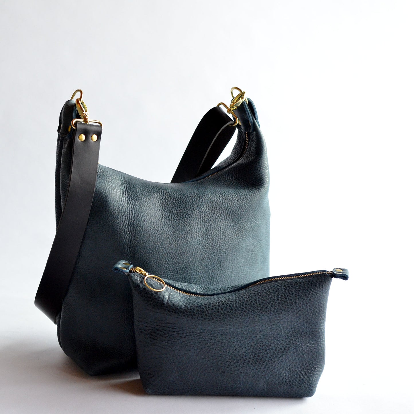 Leather BUCKET Crossbody Bag - Navy Blue Leather