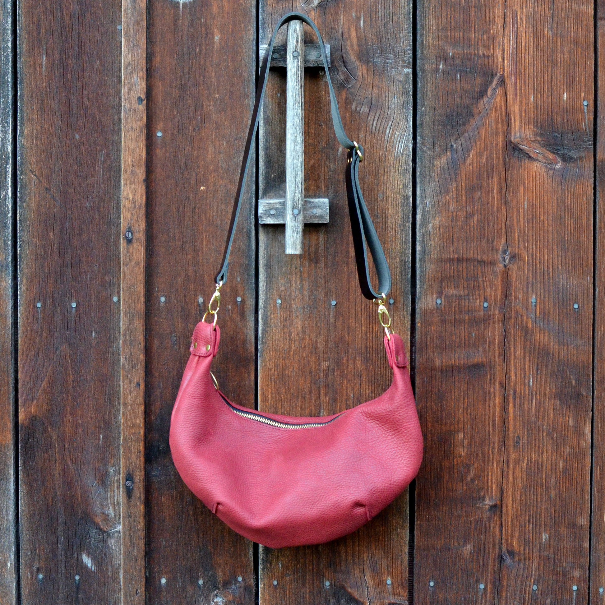Leather HOBO Crossbody Bag Red Leather