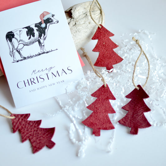 Leather Tree Ornament Box Set - 4 Leather Ornaments + 1 Christmas Card