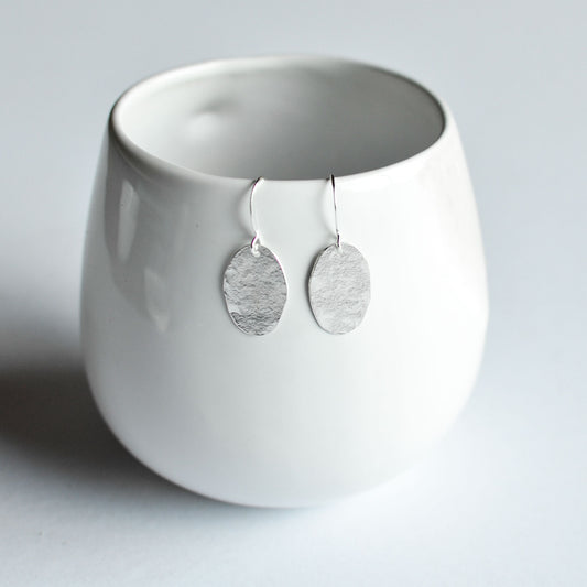 Oval Solid Hammered Earrings - Silver Plated