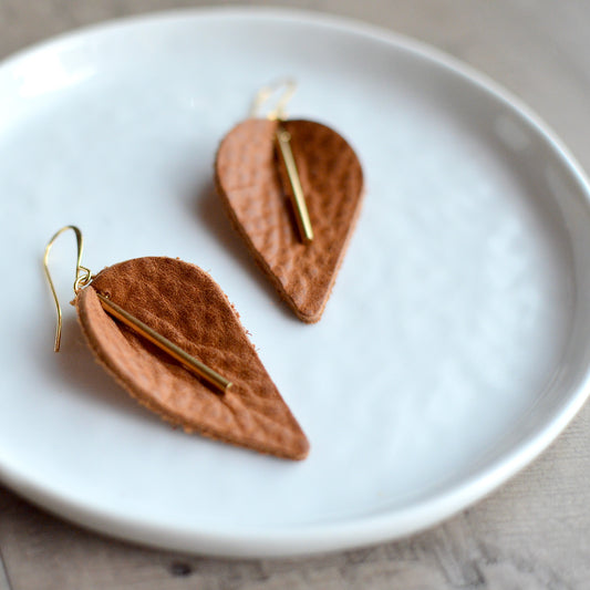 Leaf + Brass Leather Earrings