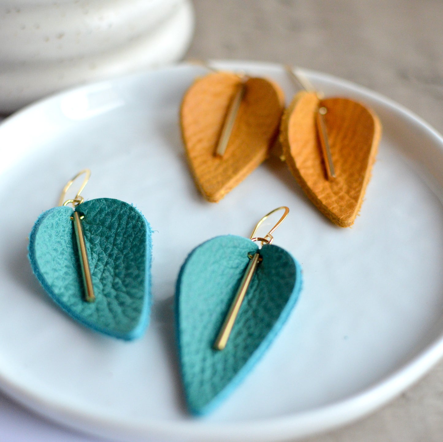 Leaf + Brass Leather Earrings