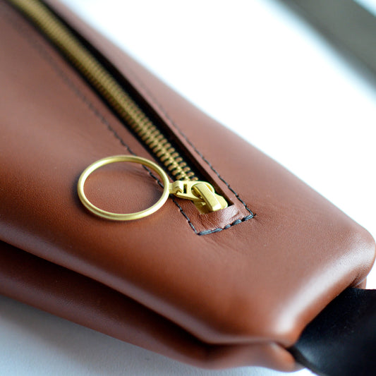 Brown Leather + Brass Hardware Sling Bag by Moss Bags