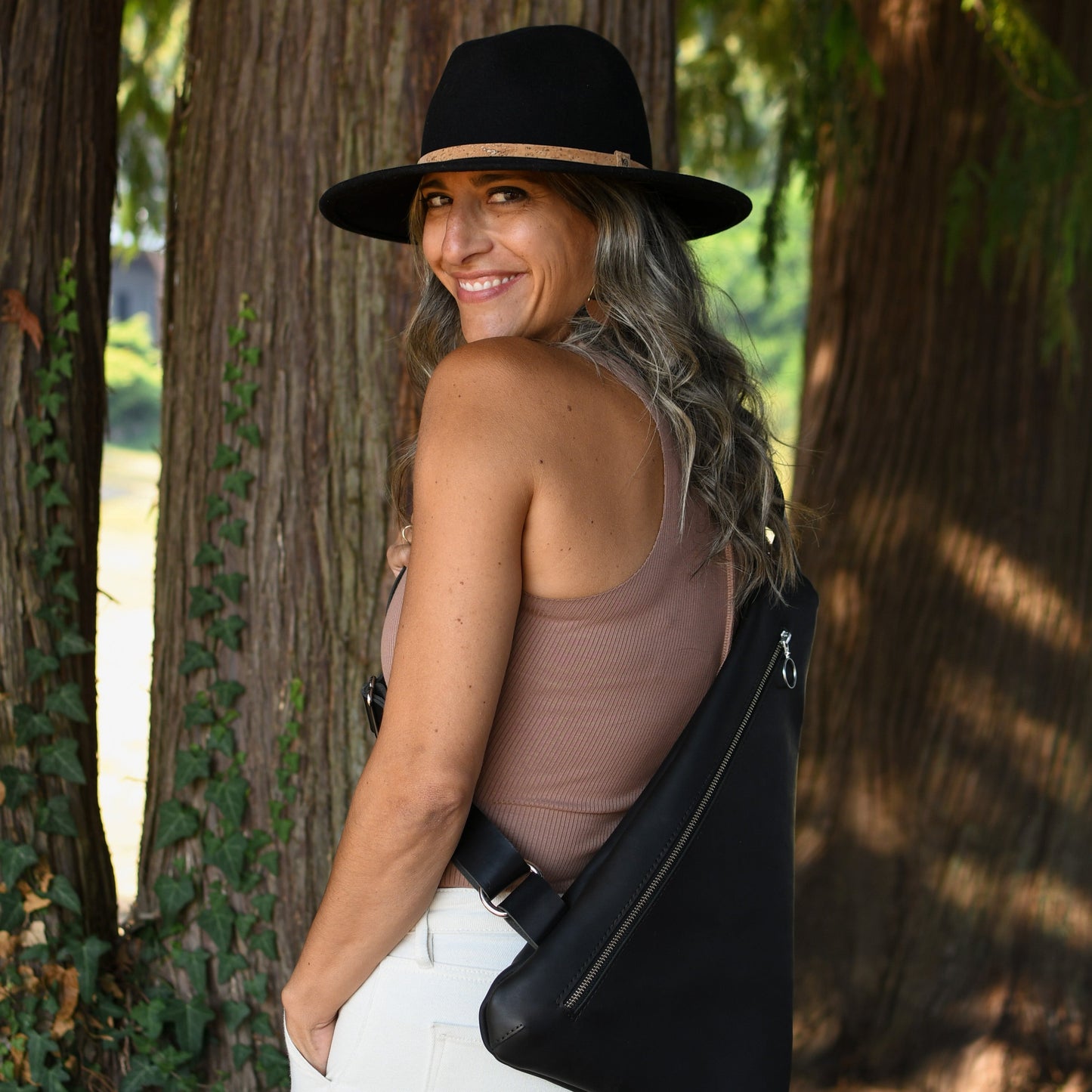Black Leather Sling Bag by Moss Bags Julie Simon